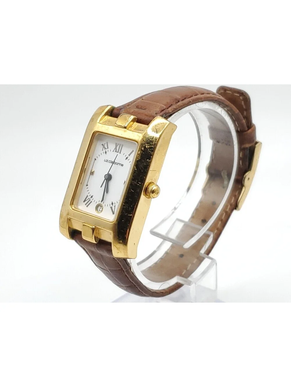 Liz Claiborne Quartz Watch Women New Battery Gold Tone White Date Dial Rectangle